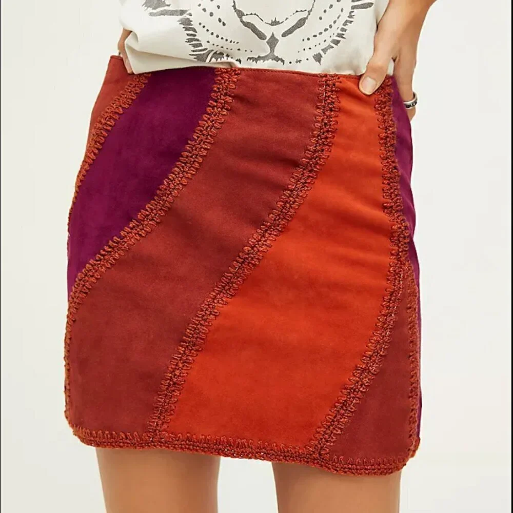 NWOT Free People Hanson Patched Suede Mini Skirt Boho Orange Sz 0 - Picture 8 of 8